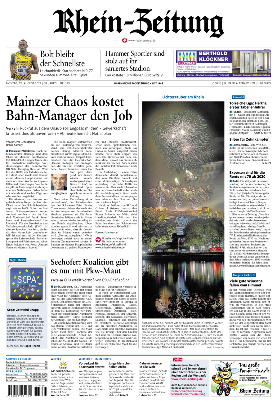 Rhein-Zeitung Kreis Altenkirchen vom Montag, 12.08.2013