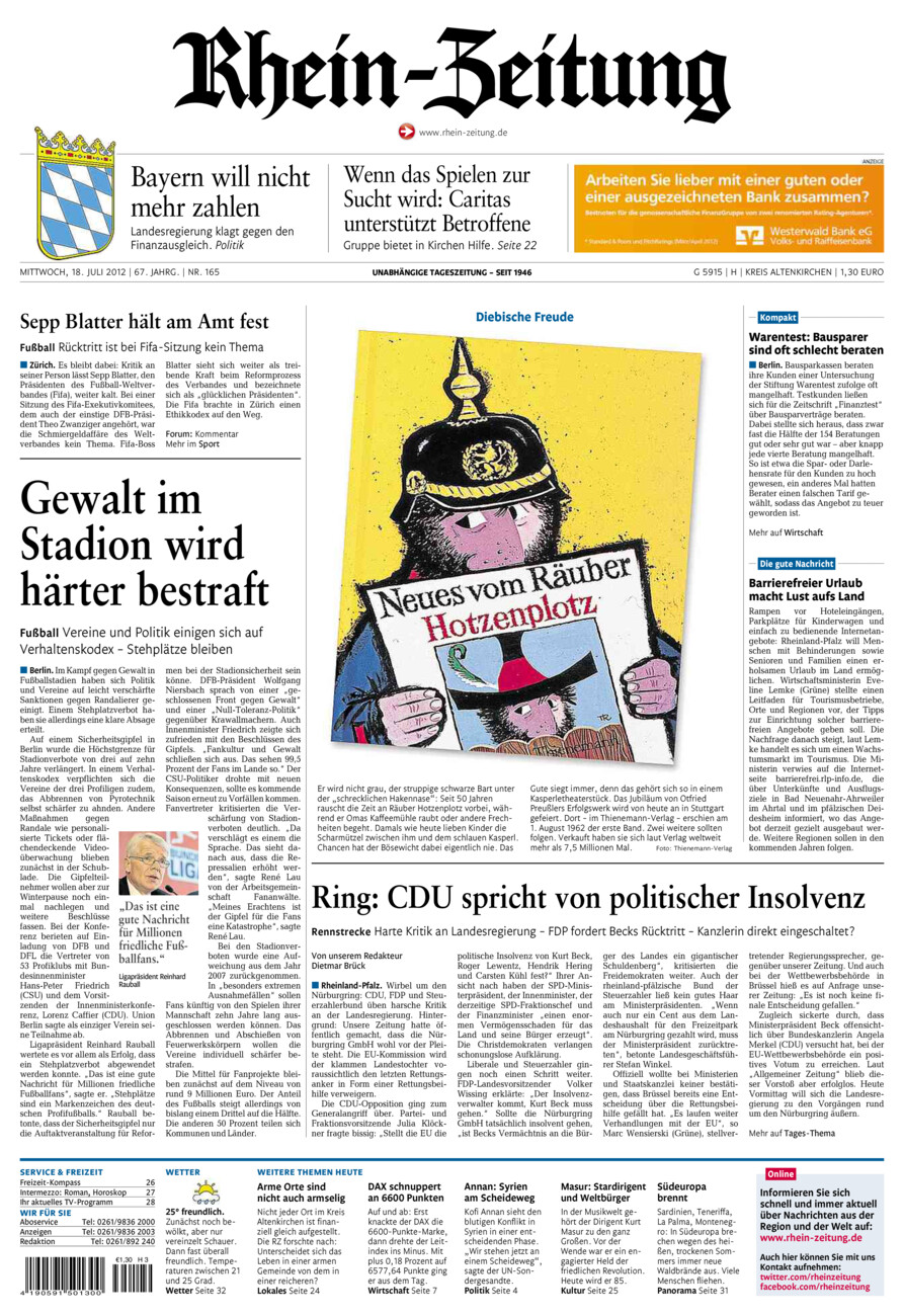 Rhein-Zeitung Kreis Altenkirchen vom Mittwoch, 18.07.2012