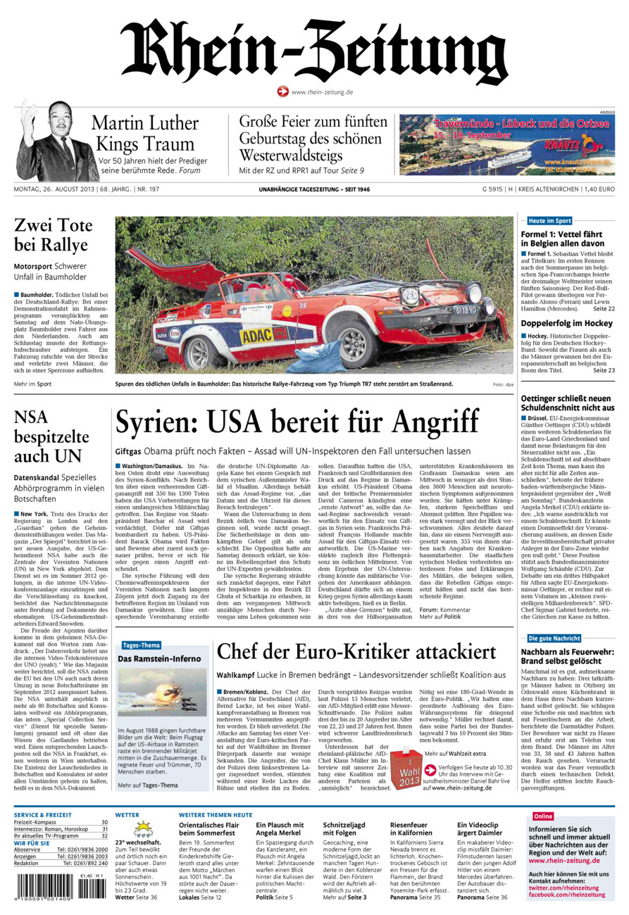 Rhein-Zeitung Kreis Altenkirchen vom Montag, 26.08.2013