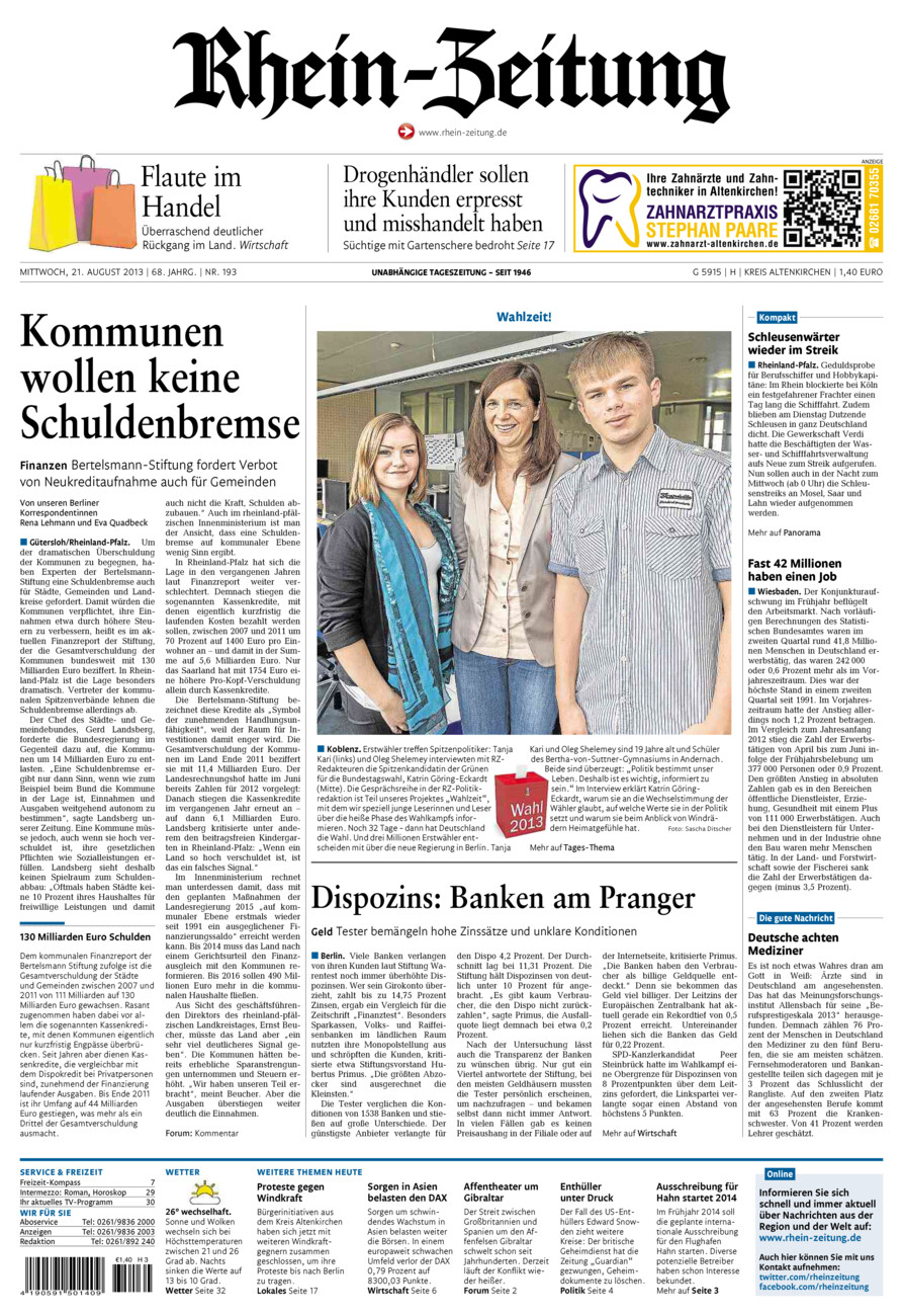 Rhein-Zeitung Kreis Altenkirchen vom Mittwoch, 21.08.2013