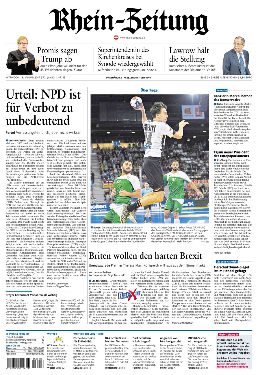 Rhein-Zeitung Kreis Altenkirchen vom Mittwoch, 18.01.2017
