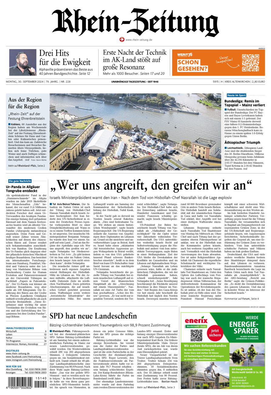 Rhein-Zeitung Kreis Altenkirchen vom Montag, 30.09.2024