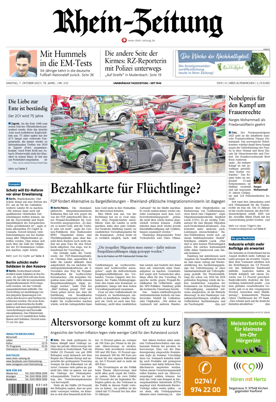 Rhein-Zeitung Kreis Altenkirchen vom Samstag, 07.10.2023
