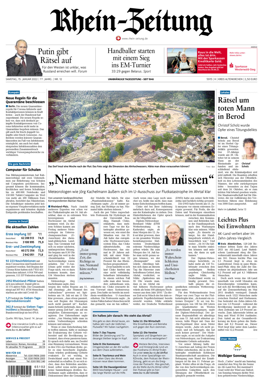 Rhein-Zeitung Kreis Altenkirchen vom Samstag, 15.01.2022