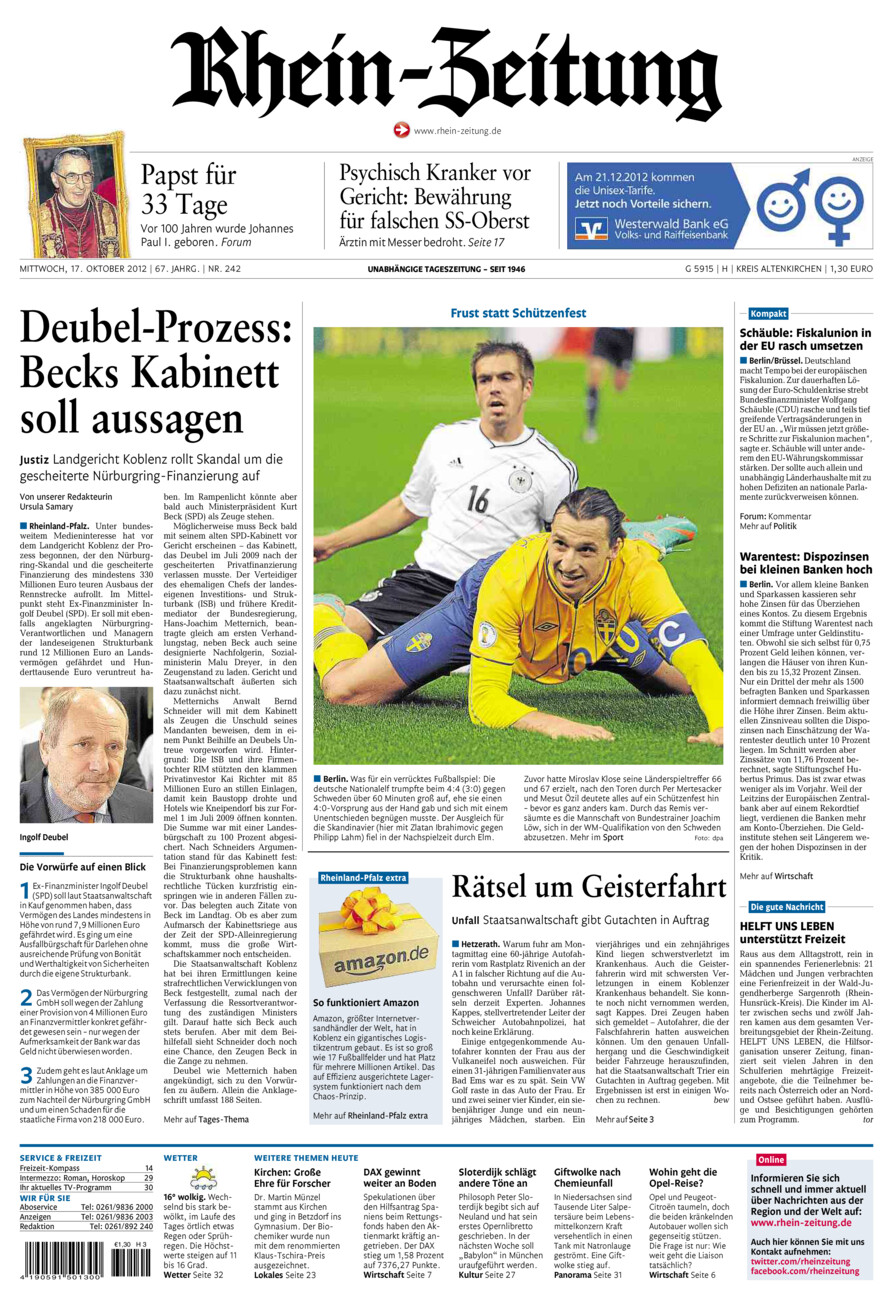 Rhein-Zeitung Kreis Altenkirchen vom Mittwoch, 17.10.2012