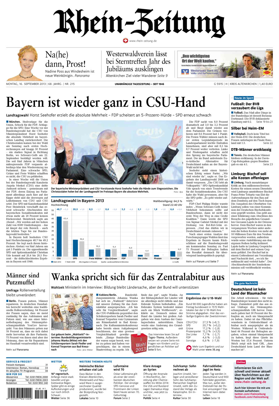 Rhein-Zeitung Kreis Altenkirchen vom Montag, 16.09.2013