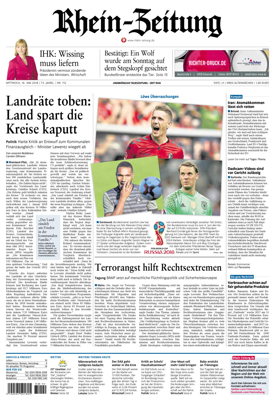 Rhein-Zeitung Kreis Altenkirchen vom Mittwoch, 16.05.2018