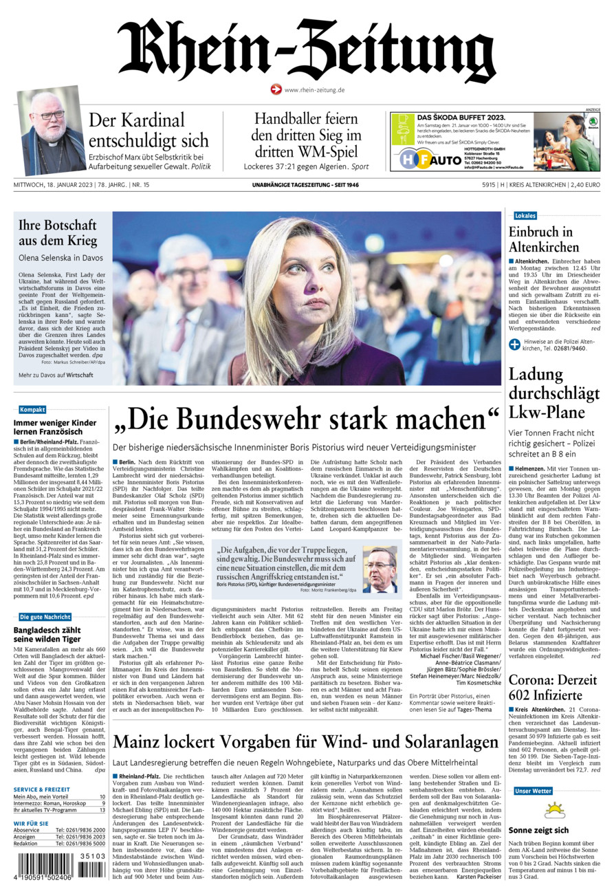 Rhein-Zeitung Kreis Altenkirchen vom Mittwoch, 18.01.2023