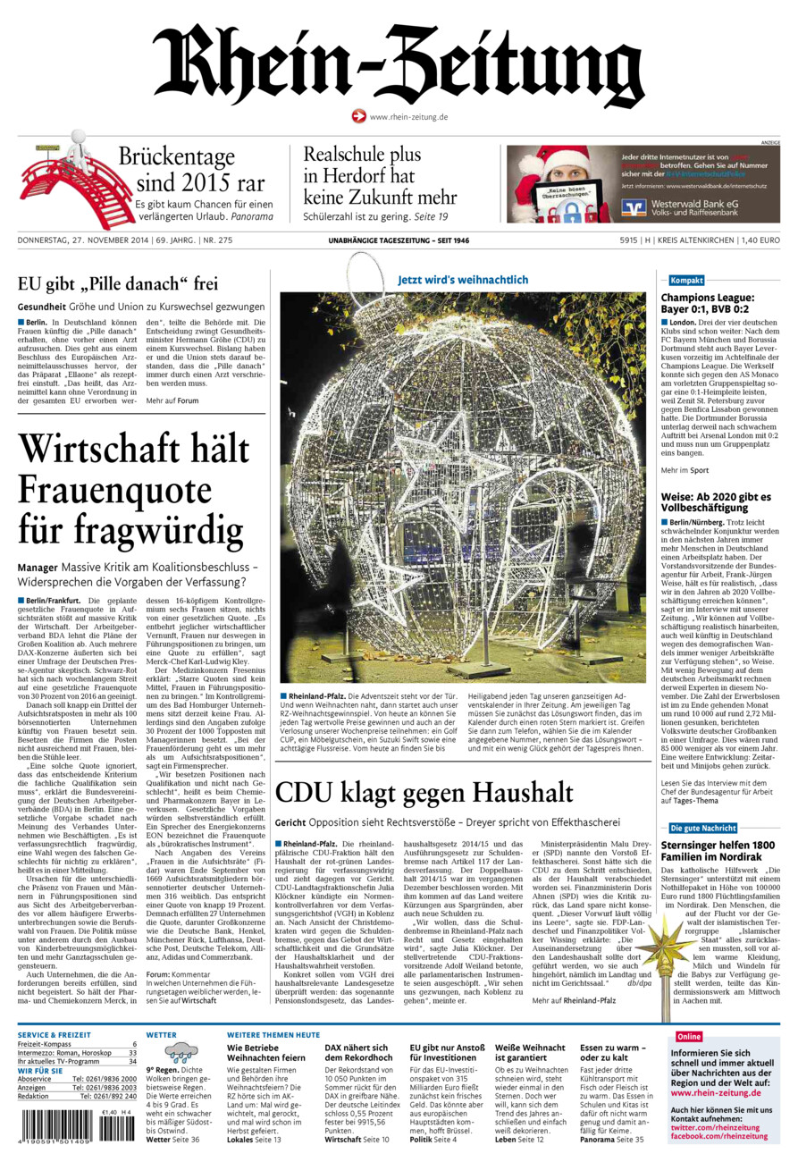 Rhein-Zeitung Kreis Altenkirchen vom Donnerstag, 27.11.2014
