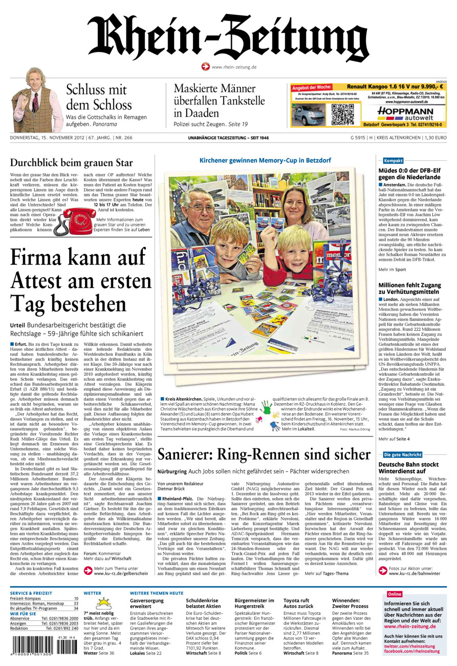 Rhein-Zeitung Kreis Altenkirchen vom Donnerstag, 15.11.2012