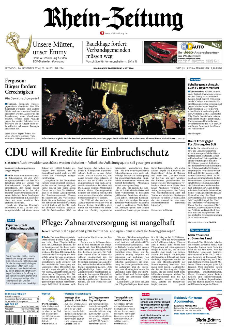 Rhein-Zeitung Kreis Altenkirchen vom Mittwoch, 26.11.2014