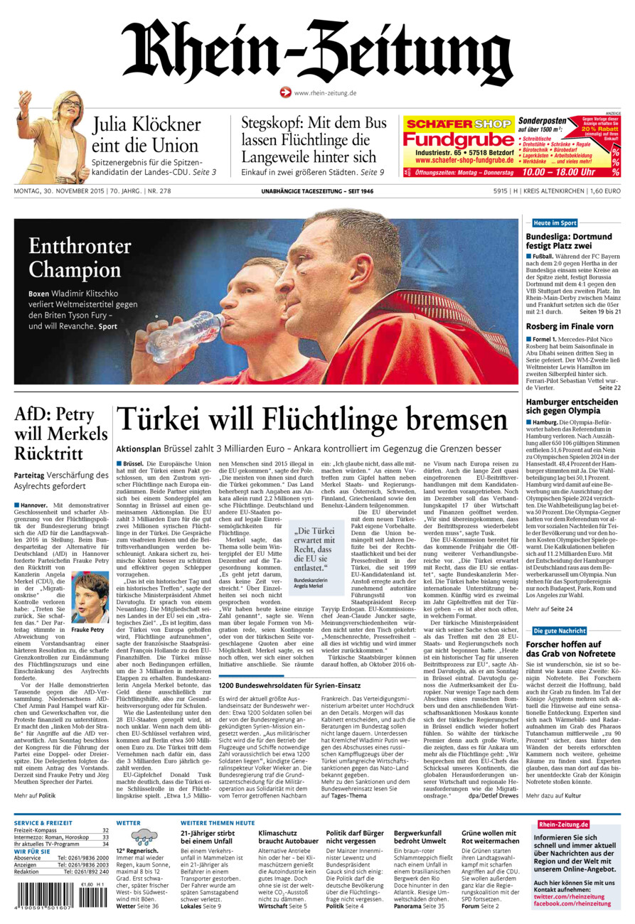Rhein-Zeitung Kreis Altenkirchen vom Montag, 30.11.2015