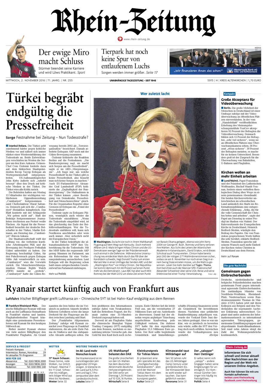 Rhein-Zeitung Kreis Altenkirchen vom Mittwoch, 02.11.2016