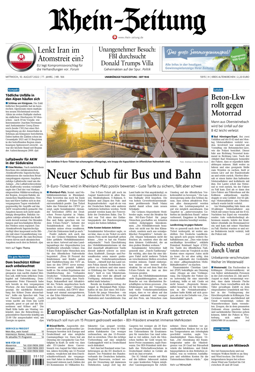 Rhein-Zeitung Kreis Altenkirchen vom Mittwoch, 10.08.2022