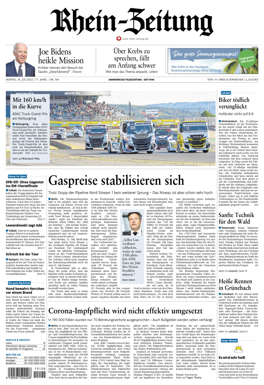 Rhein-Zeitung Kreis Altenkirchen vom Montag, 18.07.2022
