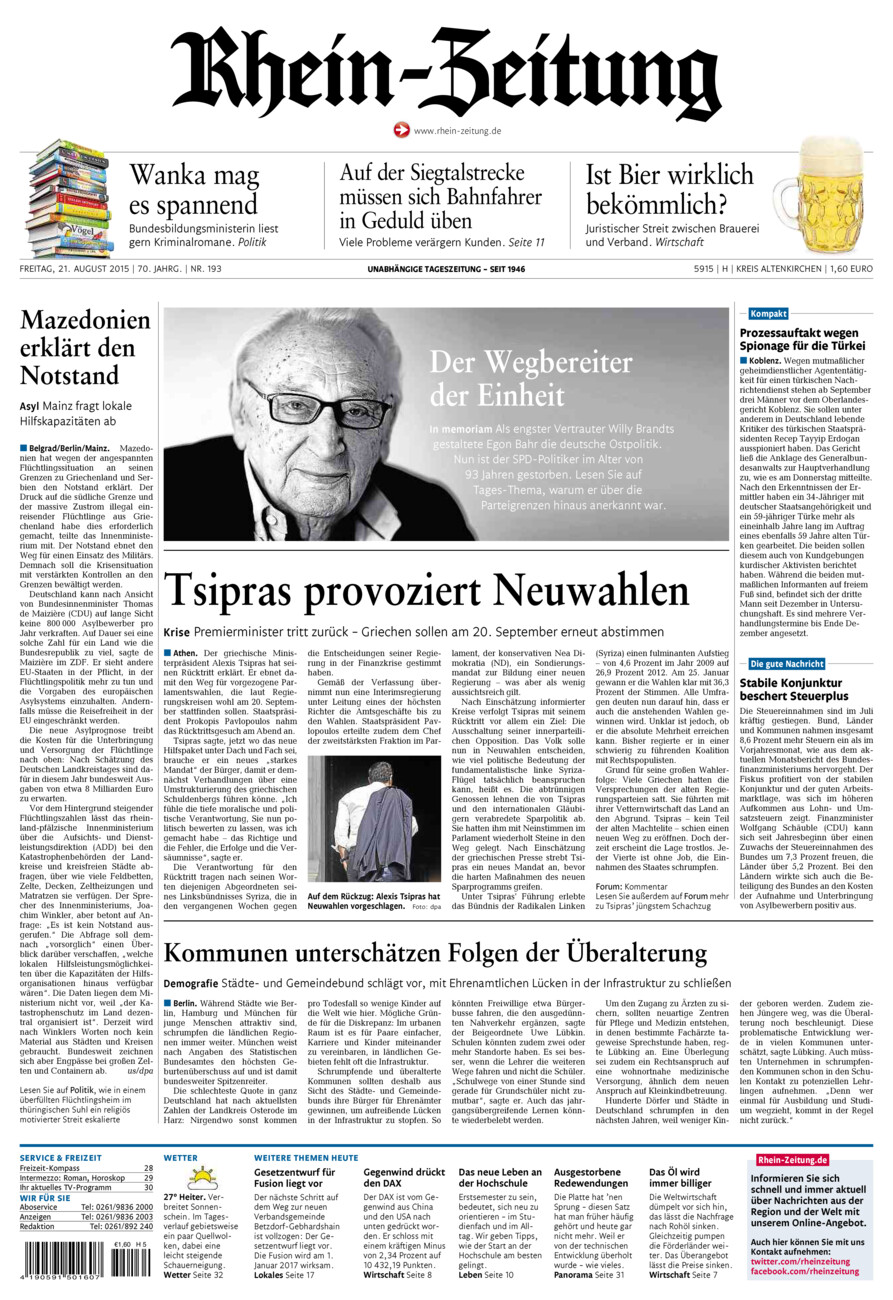 Rhein-Zeitung Kreis Altenkirchen vom Freitag, 21.08.2015