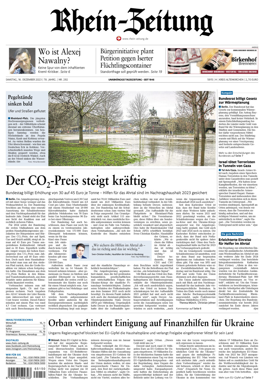 Rhein-Zeitung Kreis Altenkirchen vom Samstag, 16.12.2023