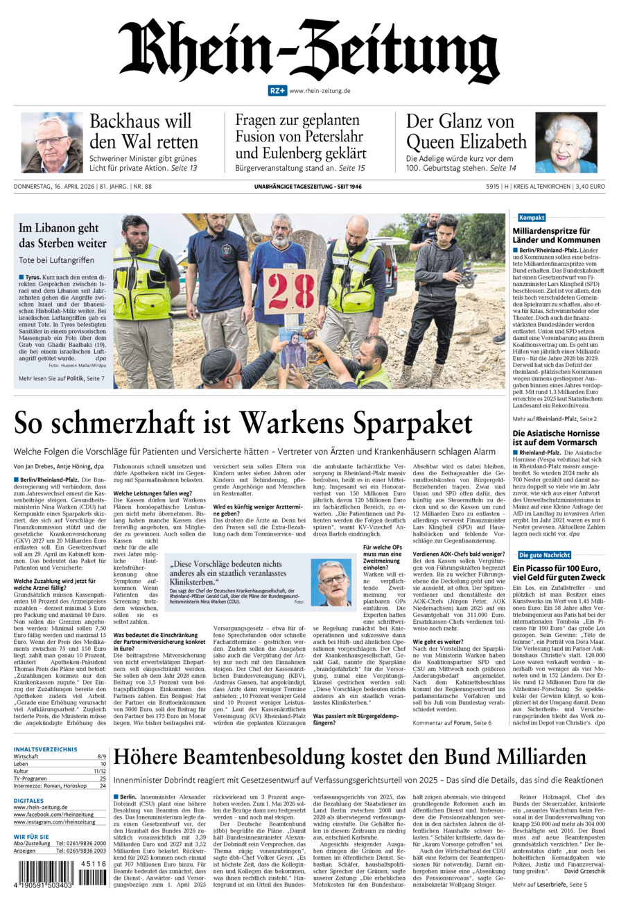 Rhein-Zeitung Kreis Altenkirchen vom Donnerstag, 16.04.2026