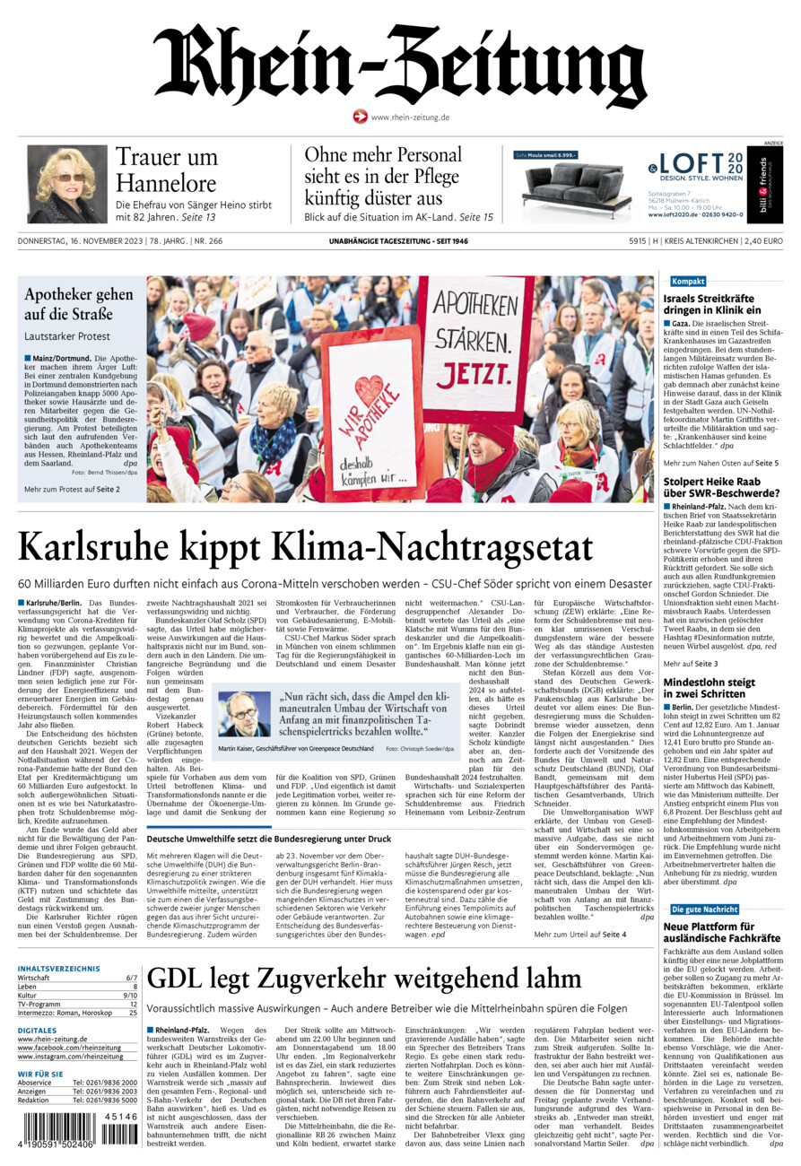 Rhein-Zeitung Kreis Altenkirchen vom Donnerstag, 16.11.2023