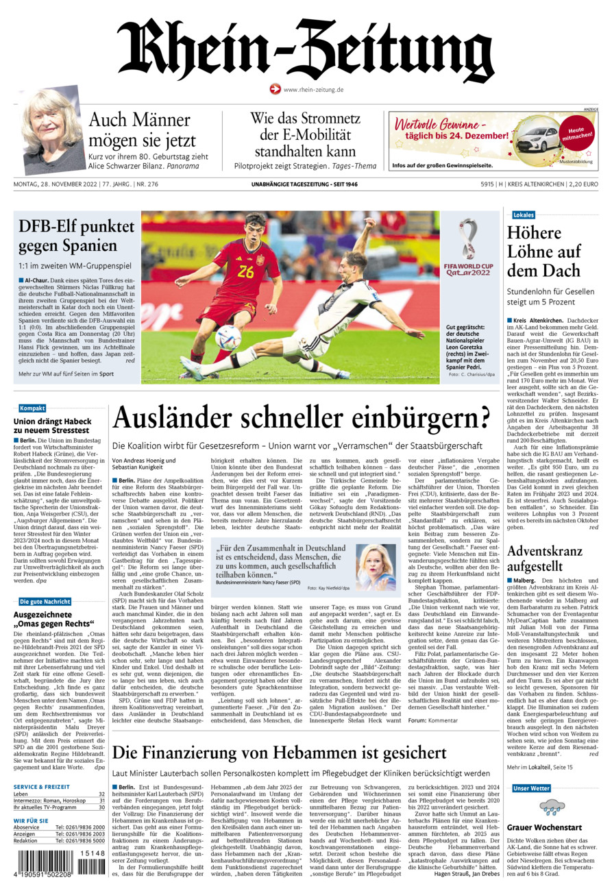 Rhein-Zeitung Kreis Altenkirchen vom Montag, 28.11.2022