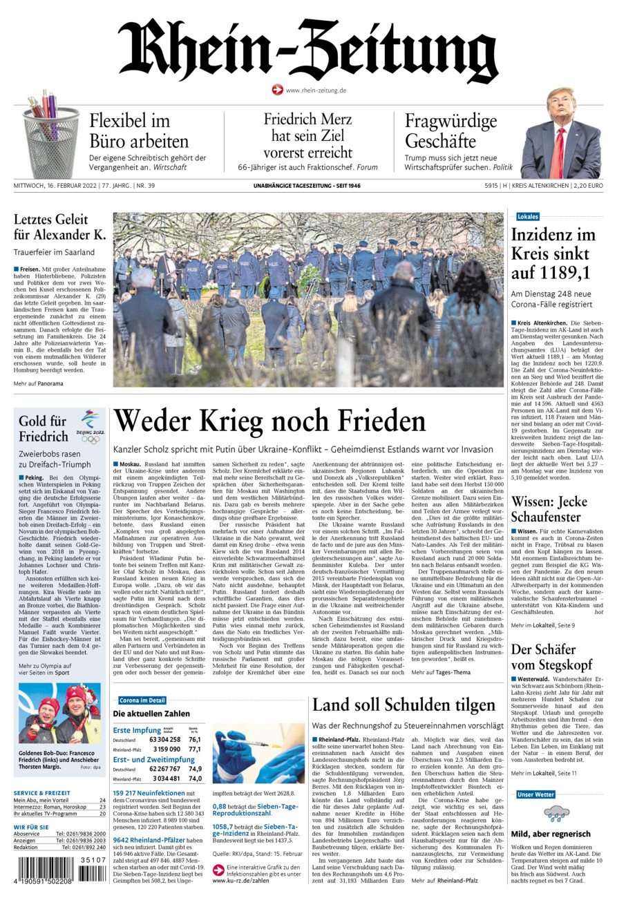 Rhein-Zeitung Kreis Altenkirchen vom Mittwoch, 16.02.2022