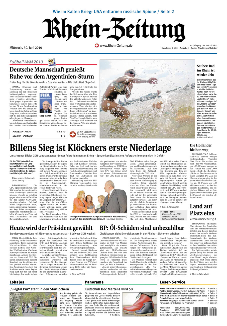 Rhein-Zeitung Kreis Altenkirchen vom Mittwoch, 30.06.2010