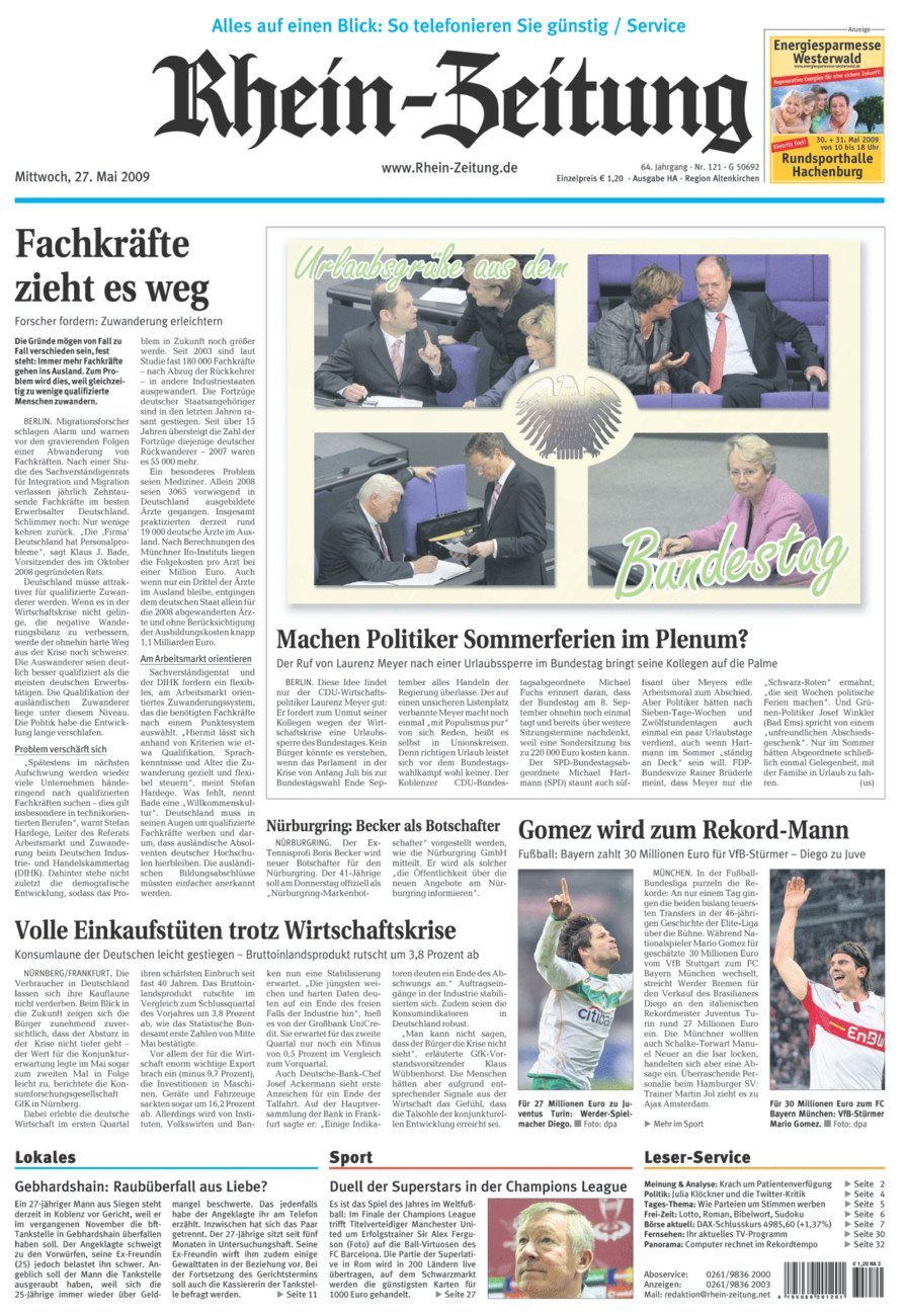 Rhein-Zeitung Kreis Altenkirchen vom Mittwoch, 27.05.2009