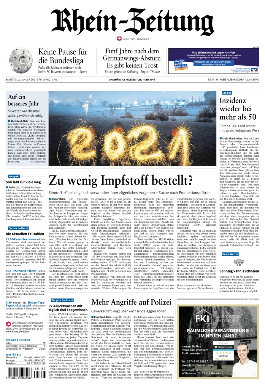 Rhein-Zeitung Kreis Altenkirchen vom Samstag, 02.01.2021