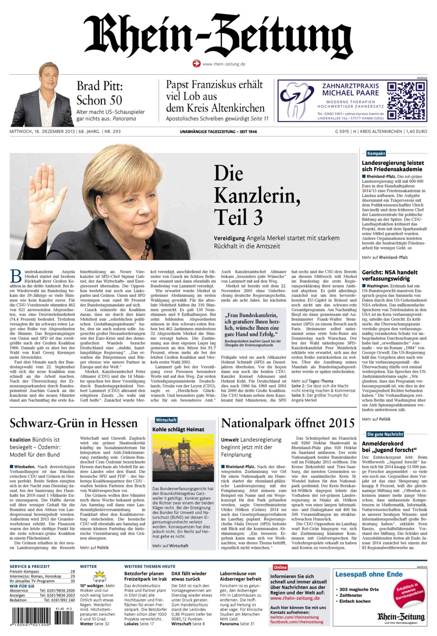 Rhein-Zeitung Kreis Altenkirchen vom Mittwoch, 18.12.2013
