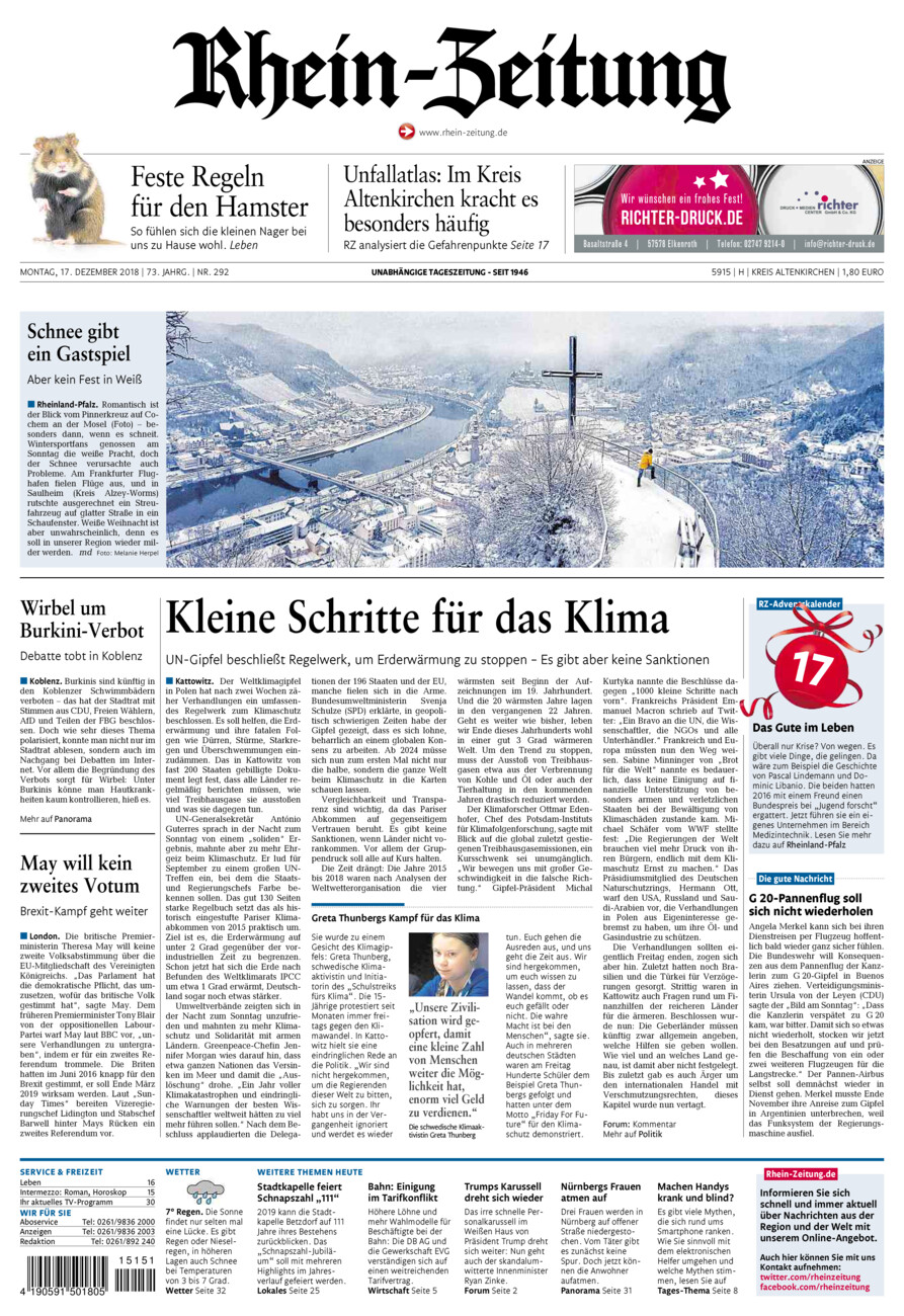 Rhein-Zeitung Kreis Altenkirchen vom Montag, 17.12.2018