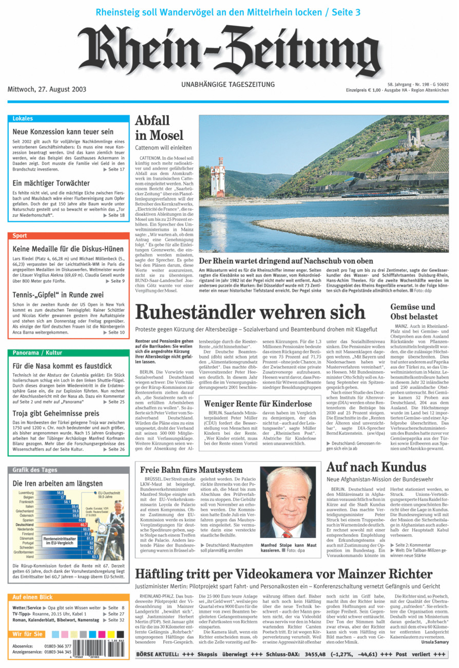 Rhein-Zeitung Kreis Altenkirchen vom Mittwoch, 27.08.2003