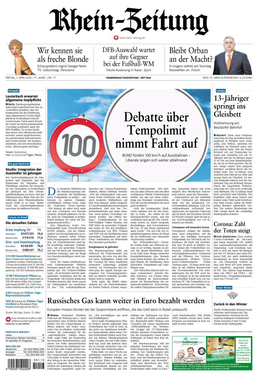 Rhein-Zeitung Kreis Altenkirchen vom Freitag, 01.04.2022