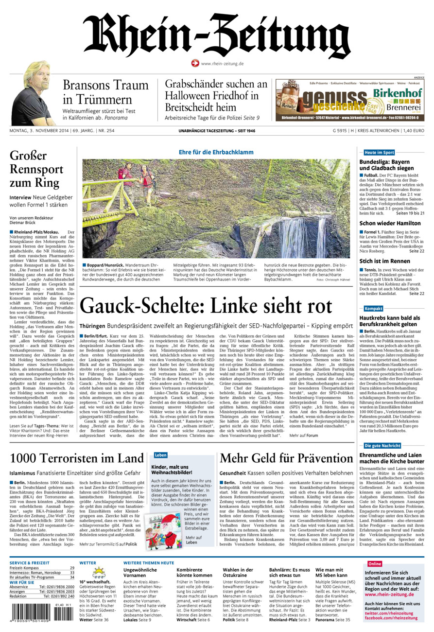 Rhein-Zeitung Kreis Altenkirchen vom Montag, 03.11.2014