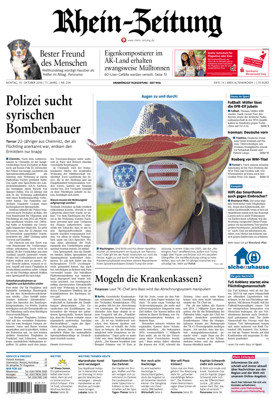 Rhein-Zeitung Kreis Altenkirchen vom Montag, 10.10.2016