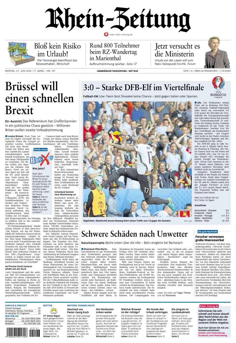 Rhein-Zeitung Kreis Altenkirchen vom Montag, 27.06.2016