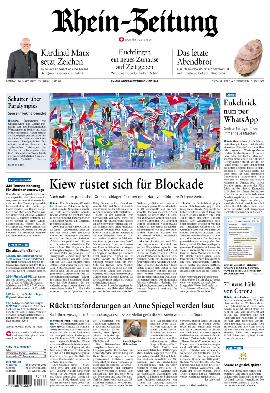 Rhein-Zeitung Kreis Altenkirchen vom Montag, 14.03.2022