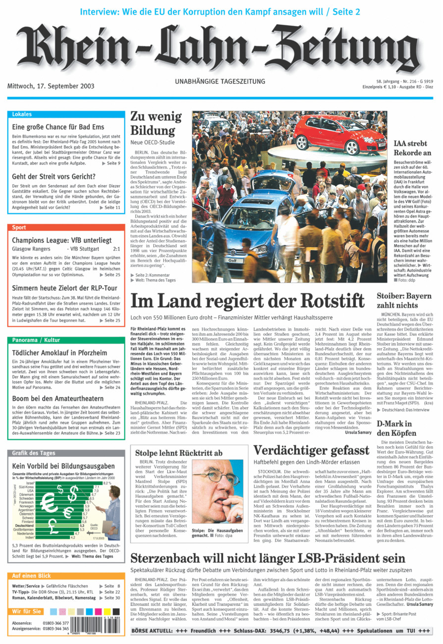 Rhein-Lahn-Zeitung Diez (Archiv) vom Mittwoch, 17.09.2003