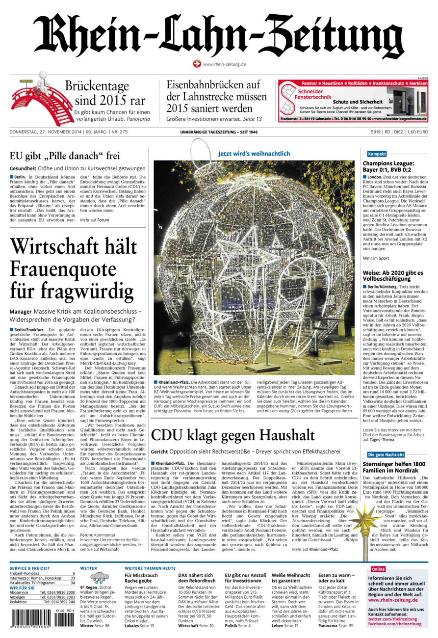 Rhein-Lahn-Zeitung Diez (Archiv) vom Donnerstag, 27.11.2014