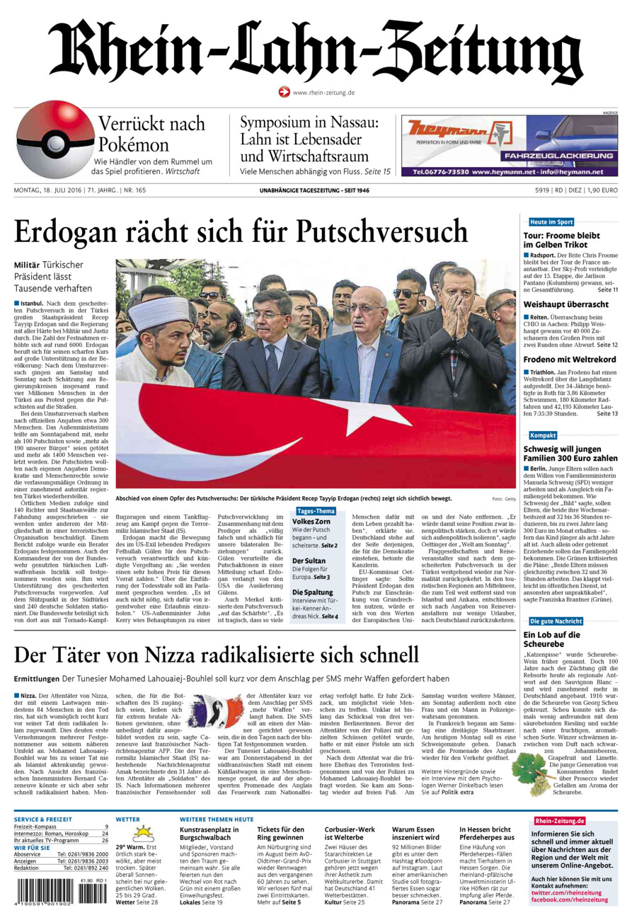 Rhein-Lahn-Zeitung Diez (Archiv) vom Montag, 18.07.2016