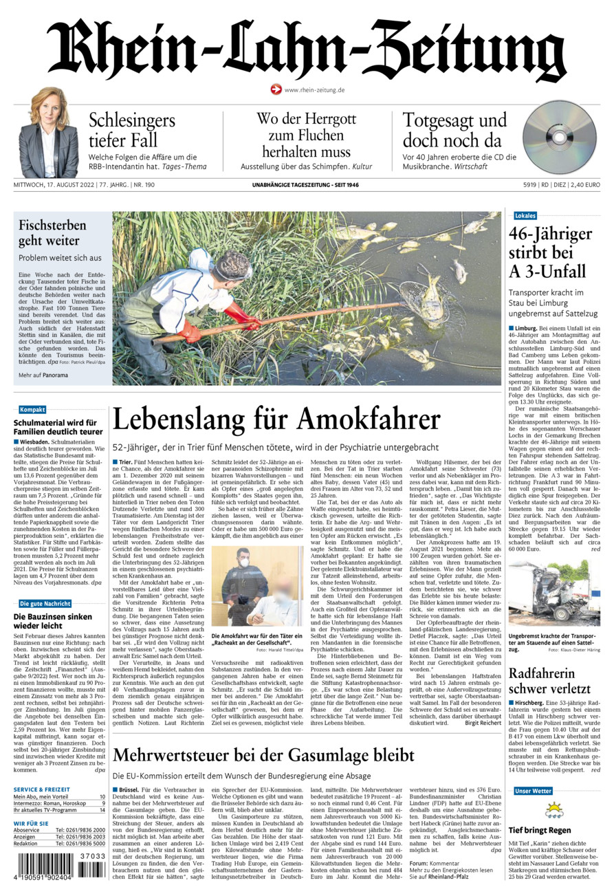 Rhein-Lahn-Zeitung Diez (Archiv) vom Mittwoch, 17.08.2022