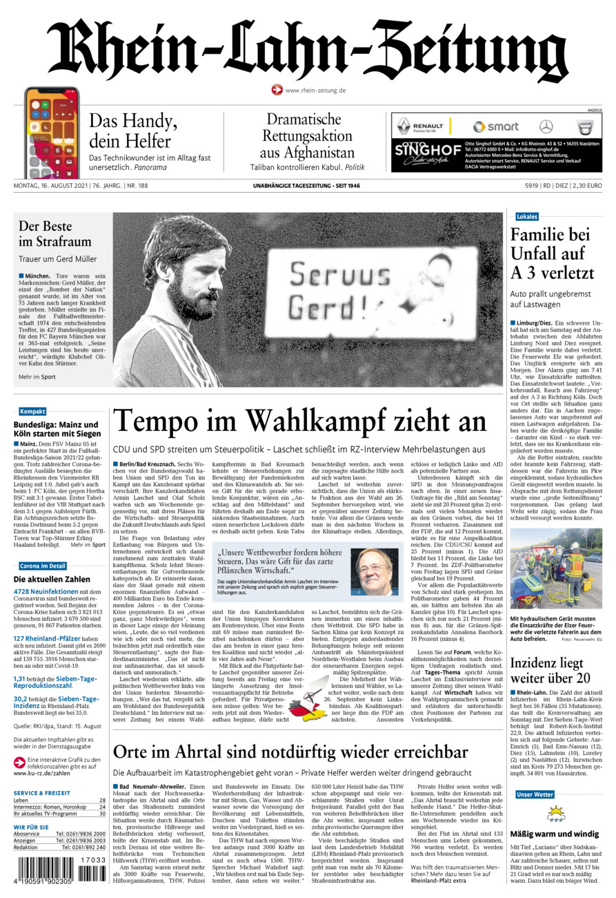 Rhein-Lahn-Zeitung Diez (Archiv) vom Montag, 16.08.2021
