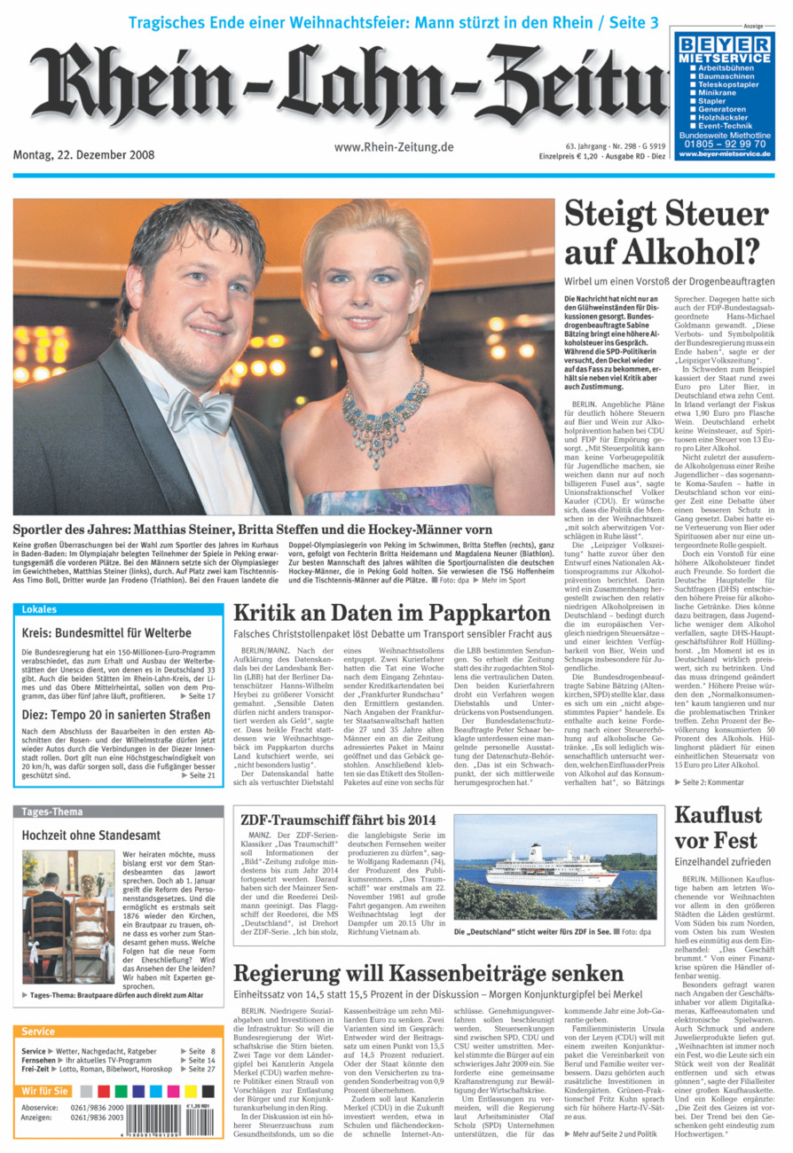 Rhein-Lahn-Zeitung Diez (Archiv) vom Montag, 22.12.2008