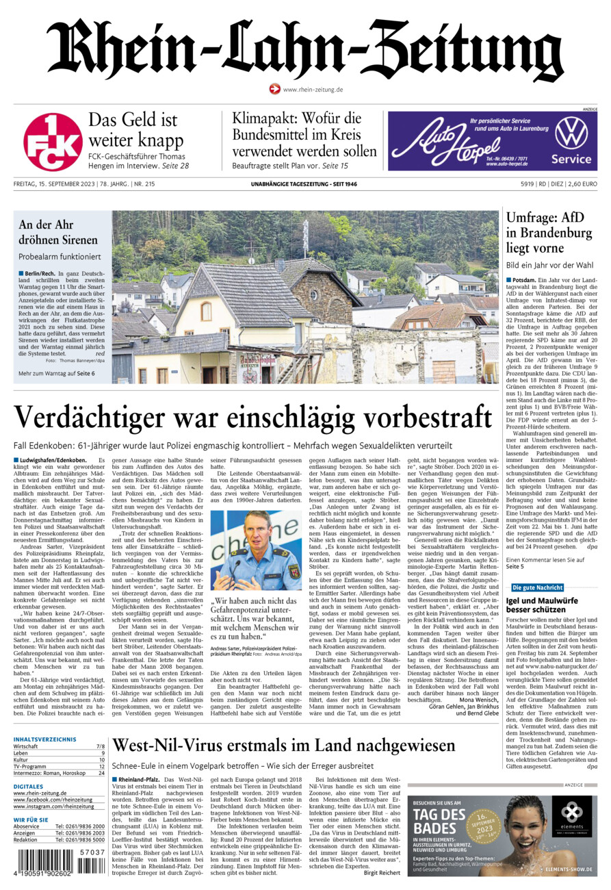 Rhein-Lahn-Zeitung Diez (Archiv) vom Freitag, 15.09.2023