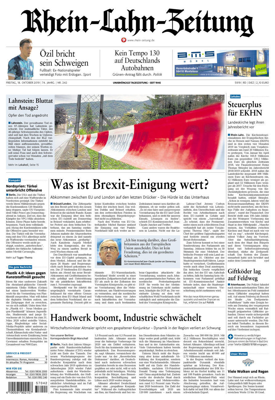 Rhein-Lahn-Zeitung Diez (Archiv) vom Freitag, 18.10.2019