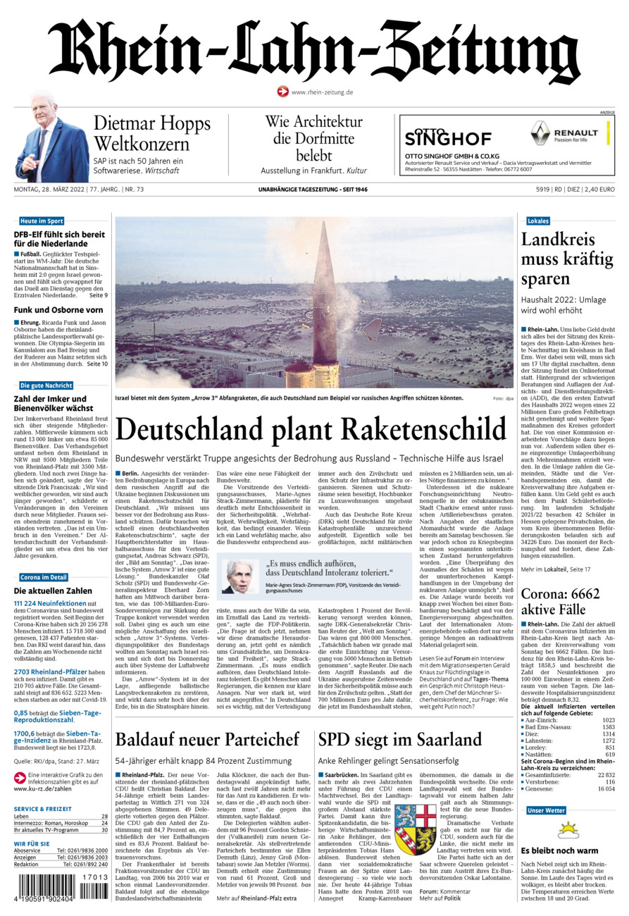 Rhein-Lahn-Zeitung Diez (Archiv) vom Montag, 28.03.2022