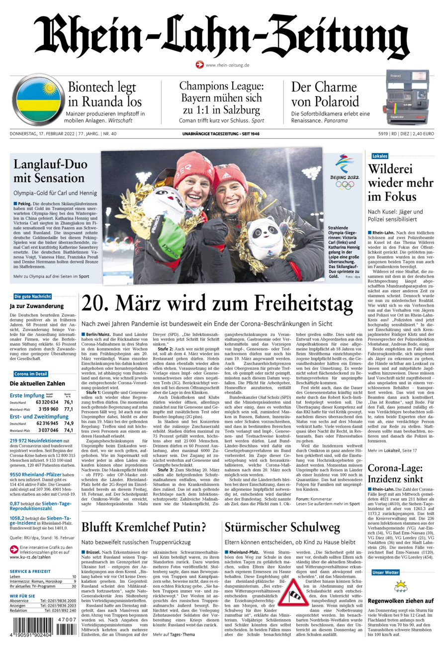 Rhein-Lahn-Zeitung Diez (Archiv) vom Donnerstag, 17.02.2022