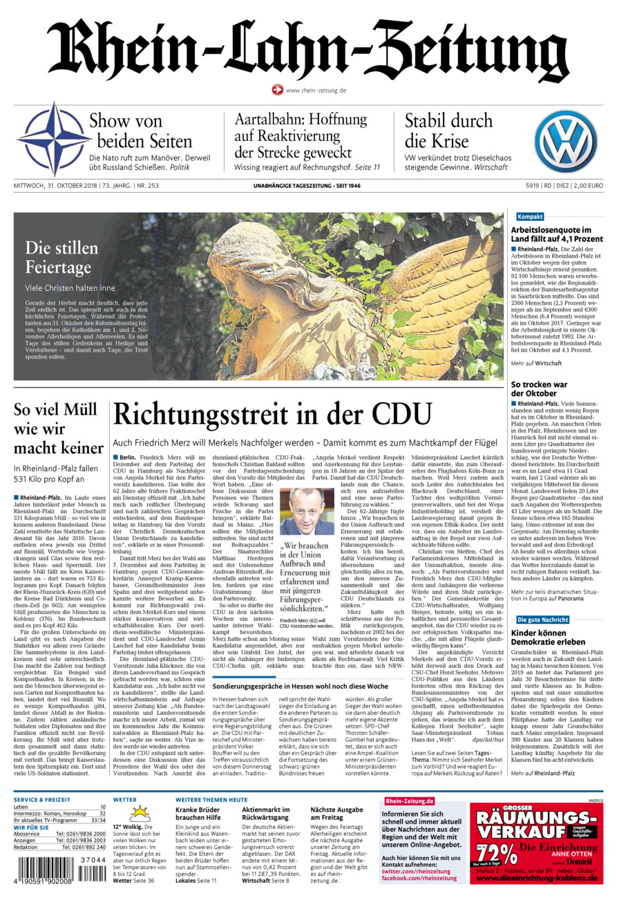 Rhein-Lahn-Zeitung Diez (Archiv) vom Mittwoch, 31.10.2018