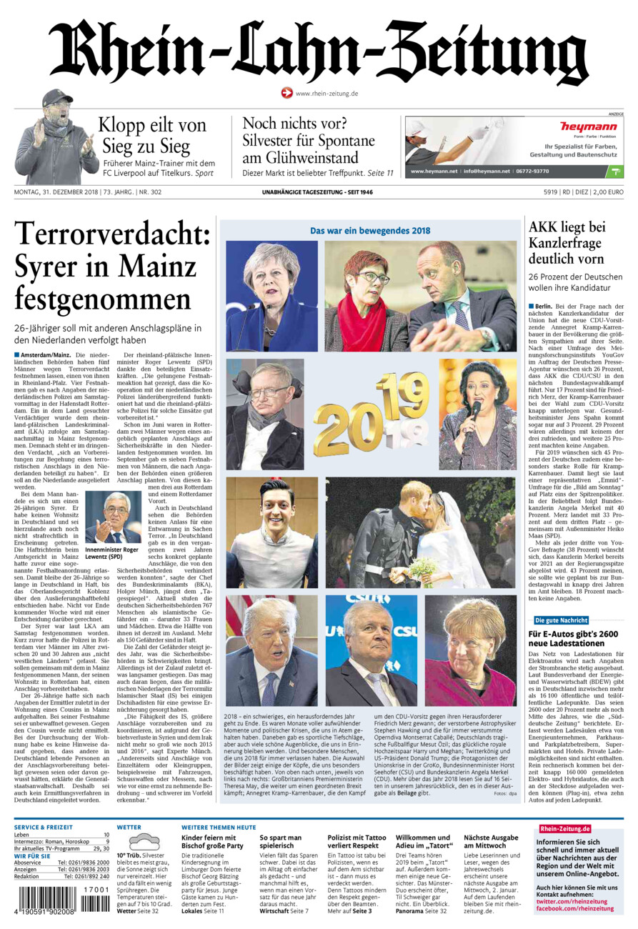 Rhein-Lahn-Zeitung Diez (Archiv) vom Montag, 31.12.2018