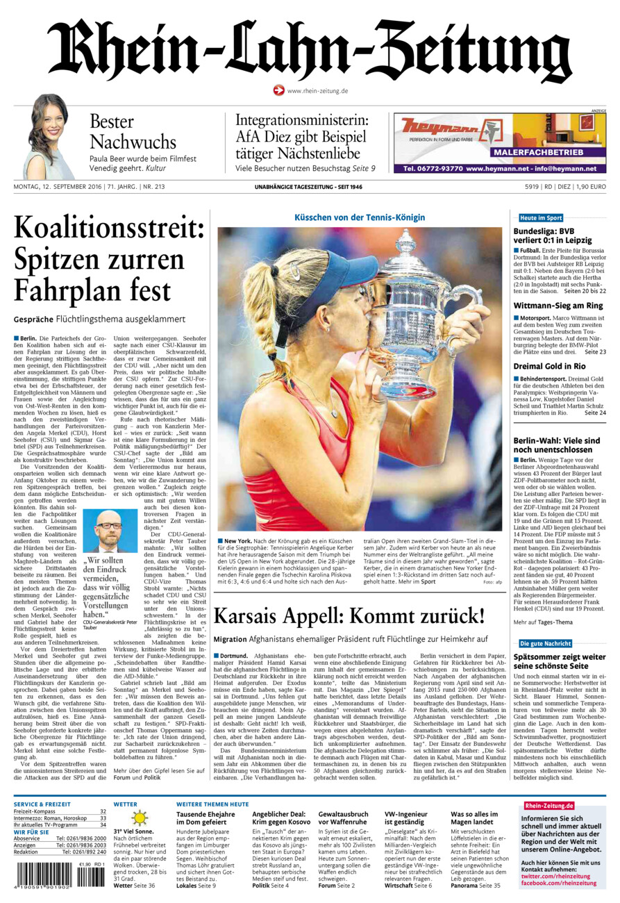 Rhein-Lahn-Zeitung Diez (Archiv) vom Montag, 12.09.2016