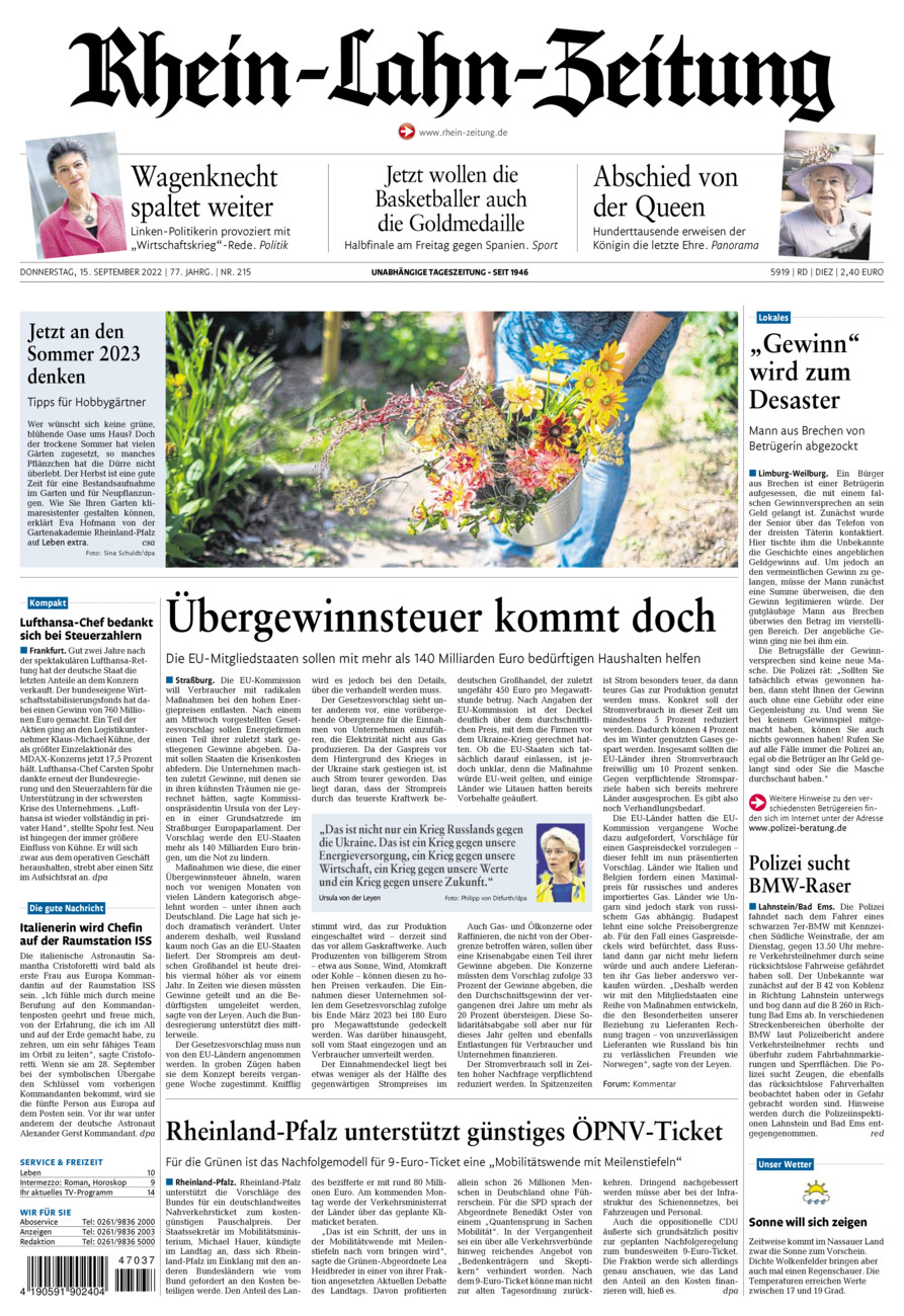 Rhein-Lahn-Zeitung Diez (Archiv) vom Donnerstag, 15.09.2022